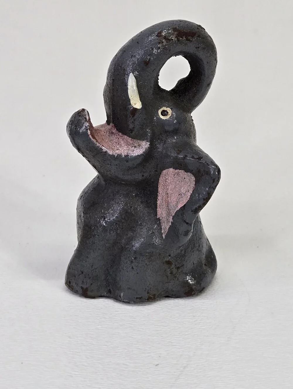 VTG Cast Iron Elephant Bottle Opener Figural Paperweight Trunk Up Pink Mouth #1